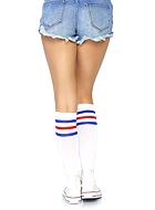 Female American football fan, knee socks, athletic look, colorful stripes